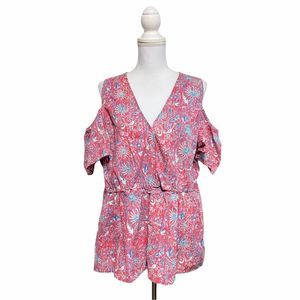 LUCKY BRAND Woman's Plus Sz 2X Cold Shoulder V Neck Peplum Metallic Top Blouse